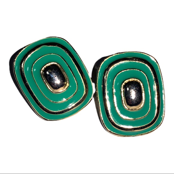 Vintage 1990’s Kelly Green Art Deco Gold Tone Rectangle Stud Metal Earrings - Picture 2 of 3